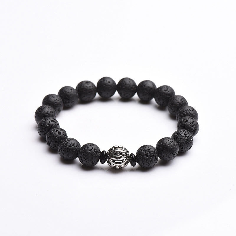 Volcanic Lava Rock PiXiu Bracelet on white background, silver metal bead, porous black stone, men's feng shui