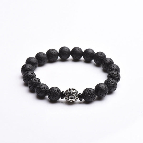 Volcanic Lava Rock PiXiu Bracelet on white background, silver metal bead, porous black stone, men's feng shui