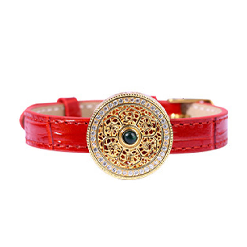 Compass Jade Leather Bracelet – red crocodile-embossed strap with gold medallion centerpiece, charm bracelet