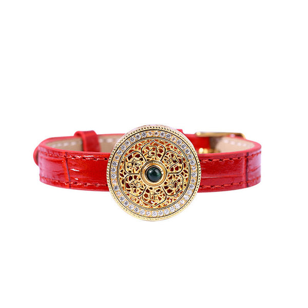 Compass Jade Leather Bracelet – front view showing green gemstone and crystal border on white, leather wristband