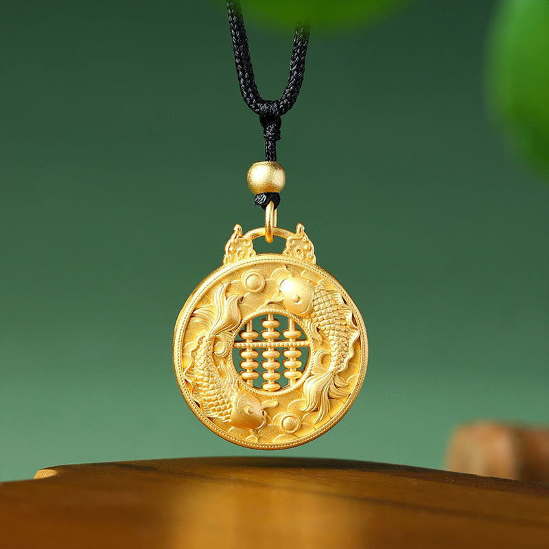 Gold Plated Copper Koi Fish Pendant – twin koi and abacus gold pendant on black cord, green and wood background