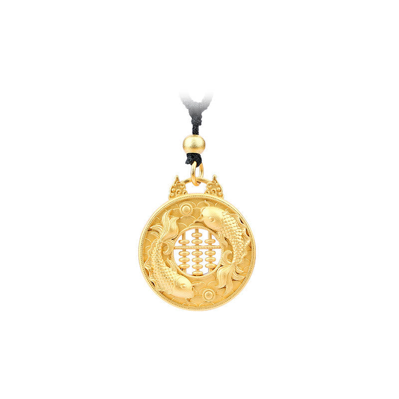 Gold Plated Copper Koi Fish Pendant – twin koi and abacus gold pendant on black cord, straight-on white bg