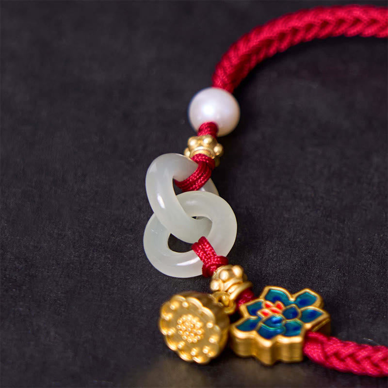 Hetian Jade Bracelet Detail – Cloisonne enamel flower and gold lotus pod charm, jade bracelet