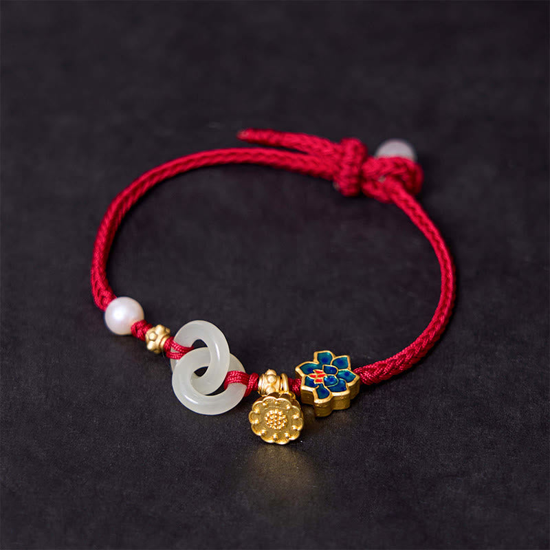 Hetian Jade Double Ring Bracelet – Blue enamel flower charm on red cord, jade bracelet