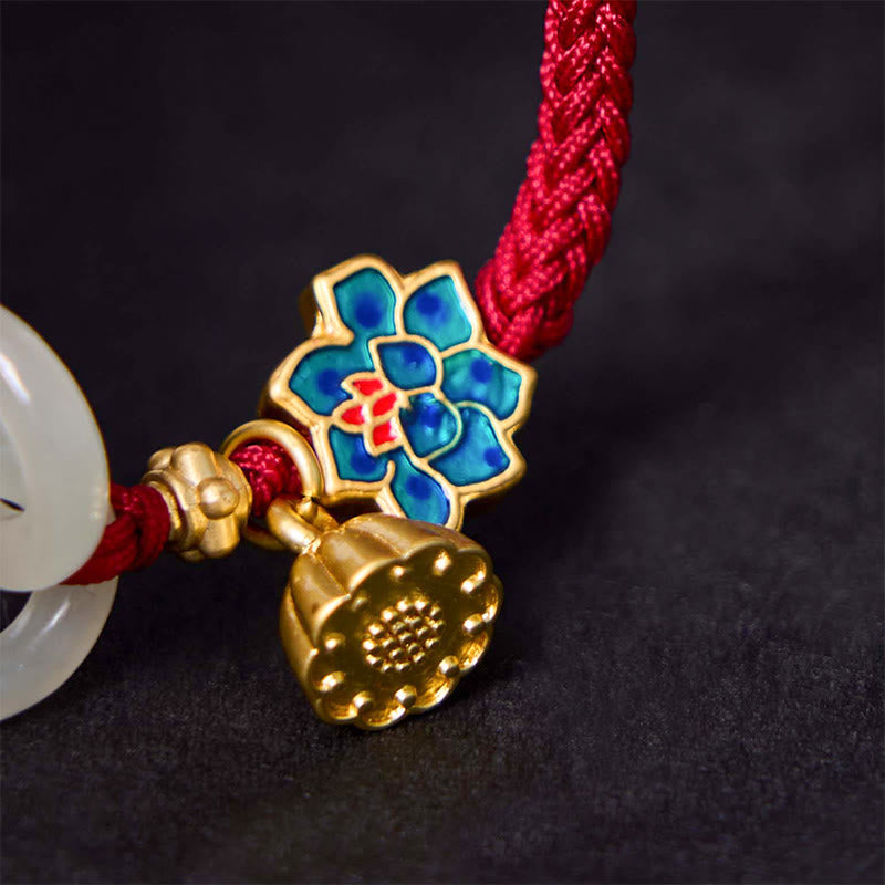 Jade Bi Disc and Enamel Flower – Cloisonne lotus pod on braided cord, jade bracelet