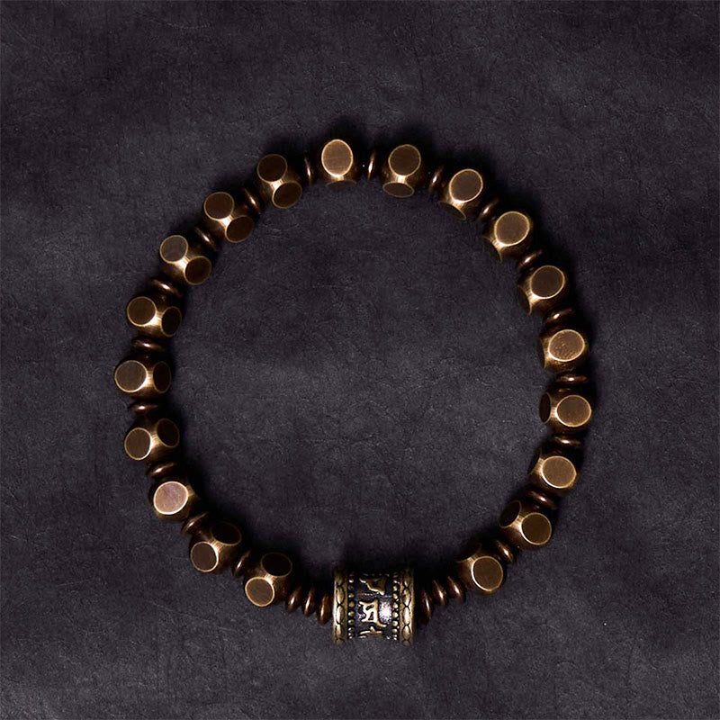 Om Mani Padme Hum Brass Bracelet - Flat lay, hexagonal beads with Sanskrit focal, mindfulness bracelet