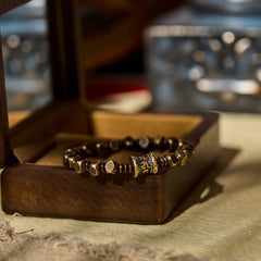 Om Mani Padme Hum Brass Bracelet - Beaded bracelet in wooden jewelry box, artisan copper with carved bead