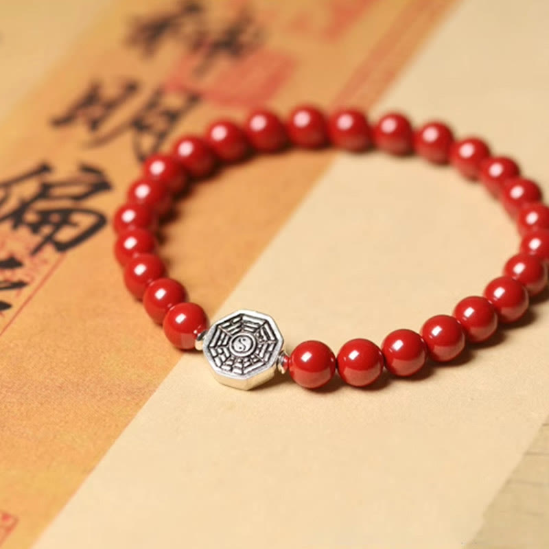 925 Sterling Silver Yin Yang Bagua Cinnabar Bracelet – Red cinnabar beads with Bagua charm on calligraphy parchment, styled