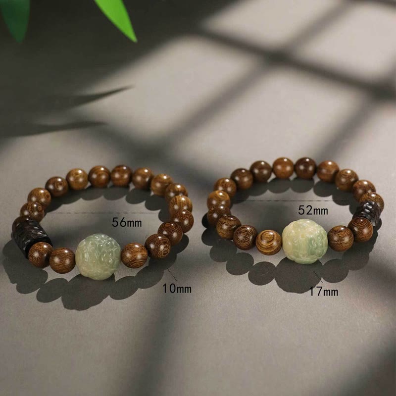 Two Sandalwood PiXiu Bracelets size comparison, 56mm and 52mm, carved jade beads, bamboo shadow, zen