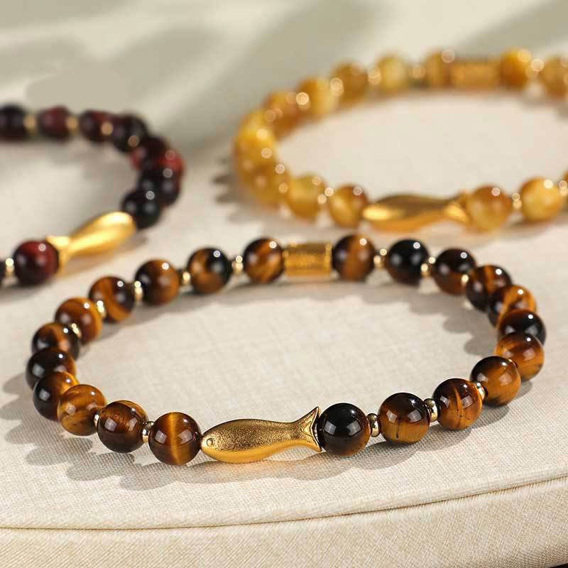 Tiger Eye Koi Fish Courage Bracelet – three bracelets on natural linen, brown golden red tones, gold fish charms
