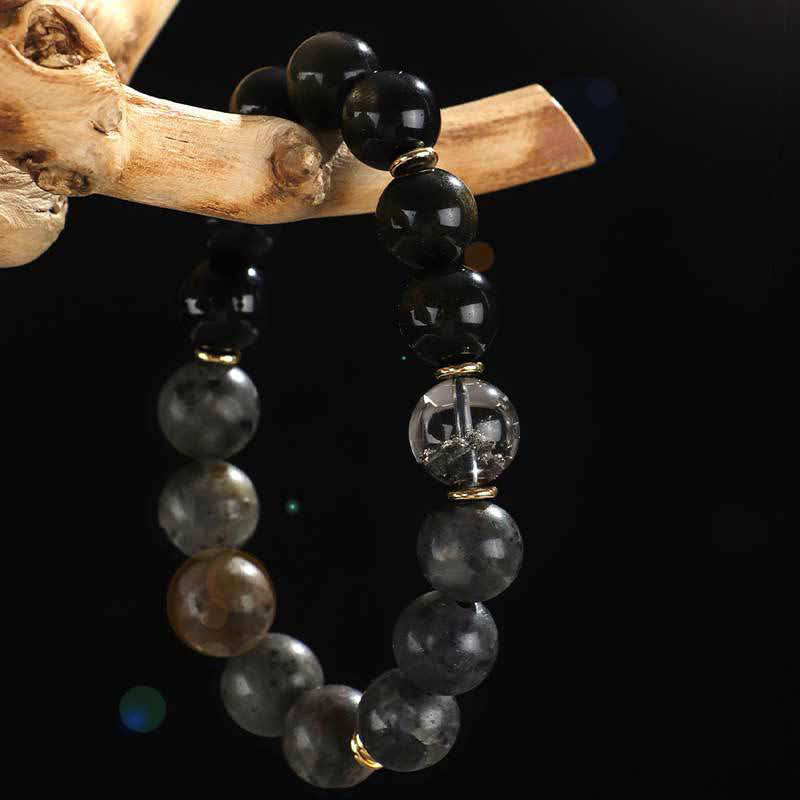 Onyx Obsidian Tiger Eye Bracelet – beaded bracelet draped on driftwood with clear quartz focal bead, men jewelry