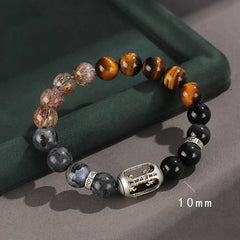 Onyx Obsidian Tiger Eye Bracelet – multi-stone beaded bracelet with silver charm on green velvet, 10mm gemstone