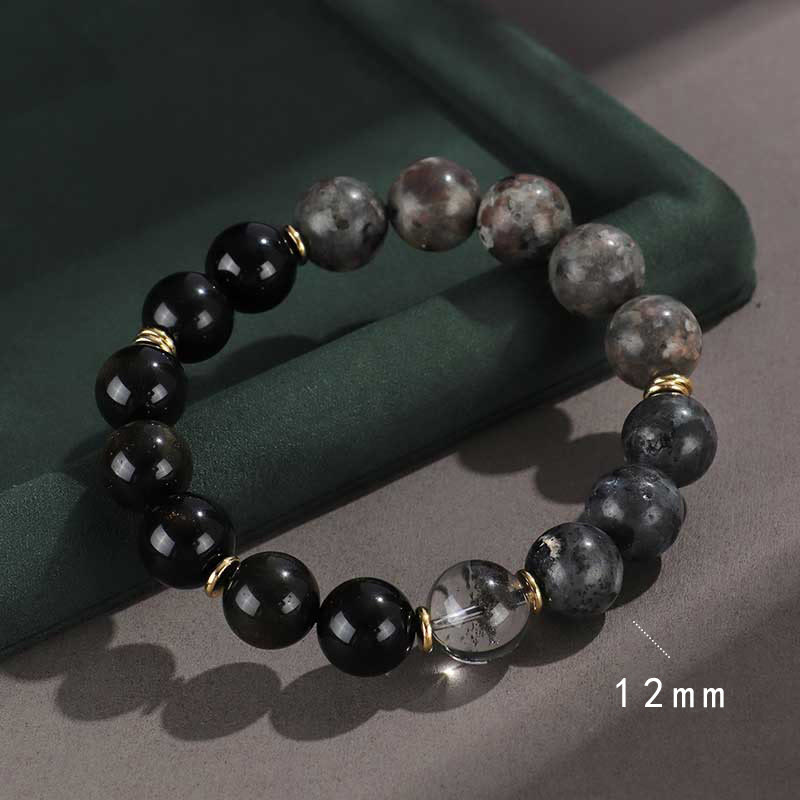 Onyx Obsidian Tiger Eye Bracelet – mixed stone beads with gold spacers on green surface, 12mm healing bracelet