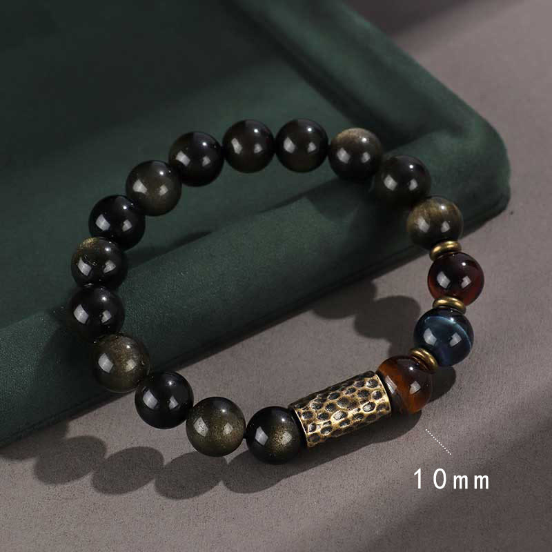 Onyx Obsidian Tiger Eye Bracelet – gold obsidian beads with carnelian and hammered gold charm, 10mm bracelet