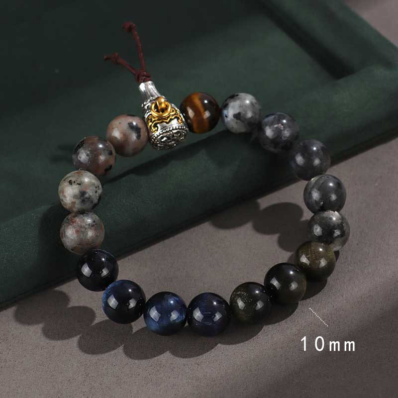 Onyx Obsidian Tiger Eye Bracelet – multi-color beads with Buddha charm centerpiece, 10mm prayer beads