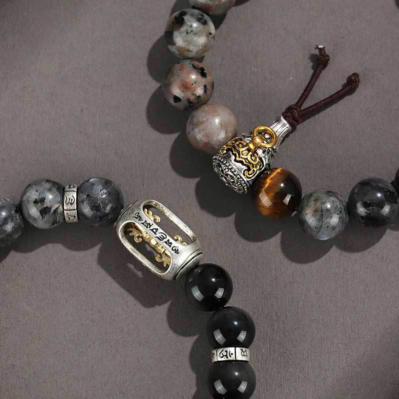 Onyx Obsidian Tiger Eye Bracelet – two crossed bracelets with engraved silver focal beads, spiritual jewelry