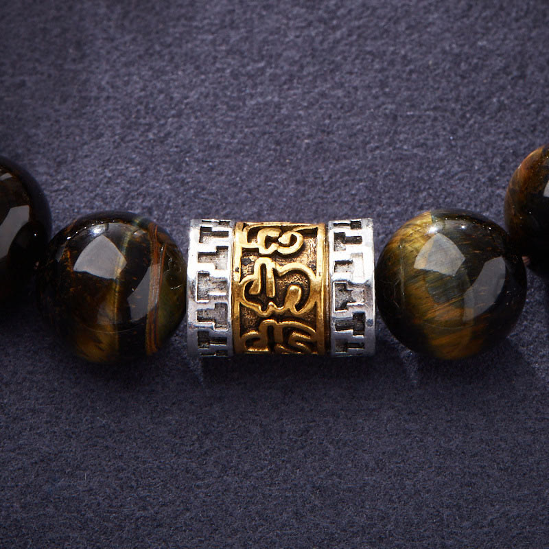 Tiger Eye Six True Words Courage Bracelet - close-up of mantra charm, golden tiger eye beads