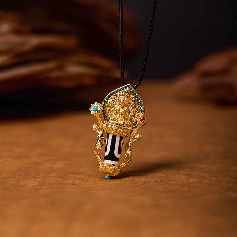 Tibetan Dzi Bead Manjusri Bodhisattva Necklace – model wearing at chest length, spiritual protection everyday wear