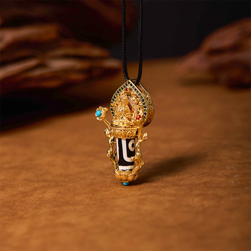 Tibetan Dzi Bead Manjusri Bodhisattva Necklace – agate dzi bead with wisdom deity pendant on cord, Tibetan spiritual jewelry