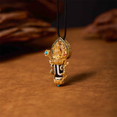 Tibetan Dzi Bead Manjusri Bodhisattva Necklace – agate dzi bead with wisdom deity pendant on cord, Tibetan spiritual jewelry