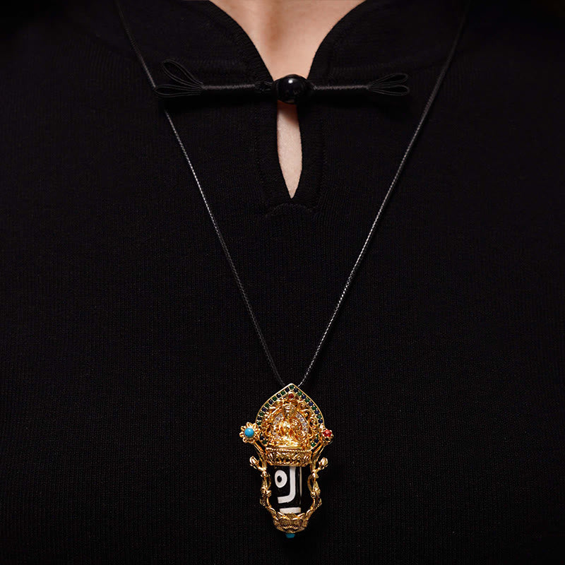 Tibetan Dzi Bead Manjusri Bodhisattva Necklace – cord and knot craftsmanship detail, adjustable sliding closure