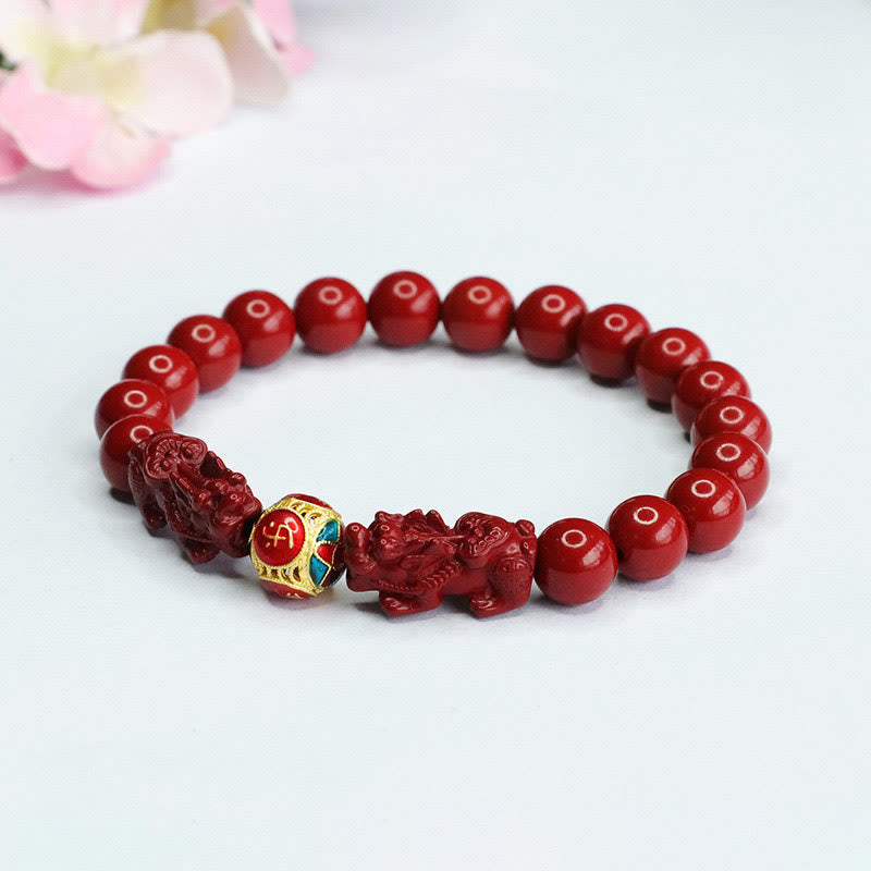 Cinnabar Double Pixiu Bracelet – cinnabar beads with pixiu and prosperity character bead, floral background