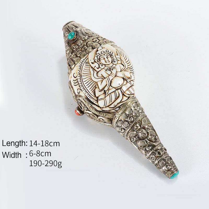 Engraved Shankha Positive Conch – wrapped in handwoven textile from Tibet, ethical craft packaging