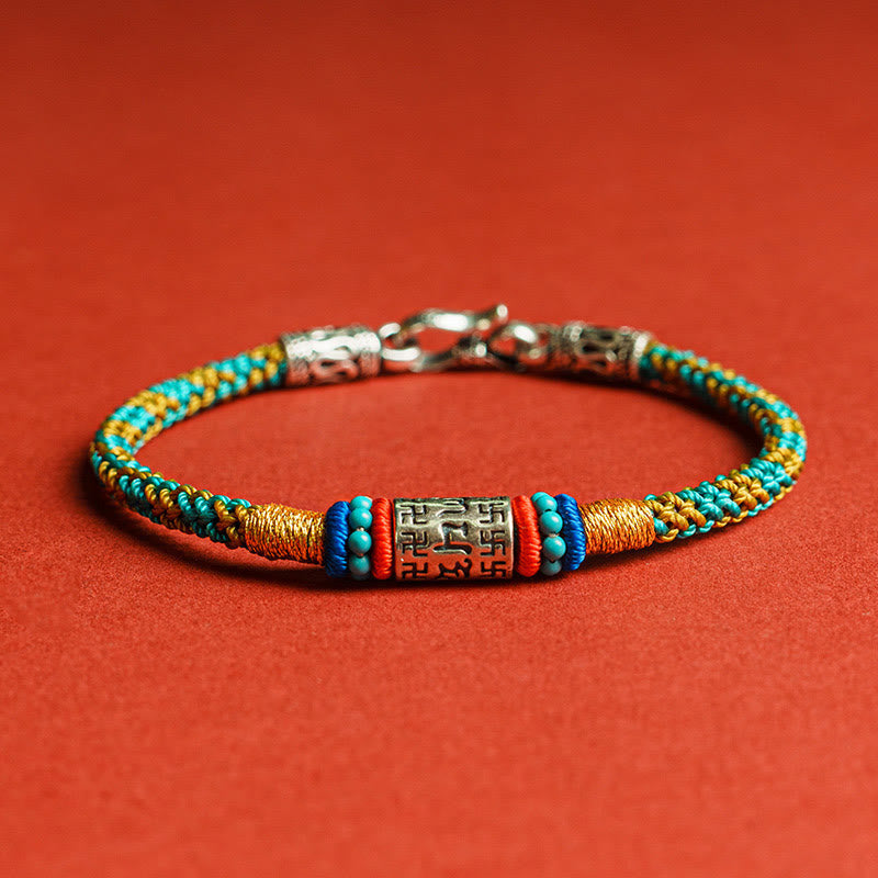 Colorful Six Words Silver Bracelet – Teal gold braid with silver charm, handmade