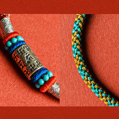 Colorful Six Words Silver Bracelet – Split view of charm and cord, artisan