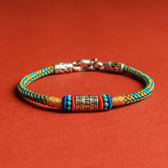 Colorful Six Words Silver Bracelet – Teal gold braid with silver charm, handmade