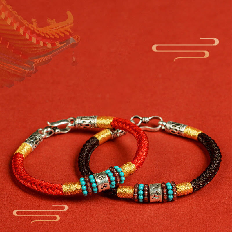 Om Mani Padme Hum Bracelet – Two cord variants on red backdrop, woven
