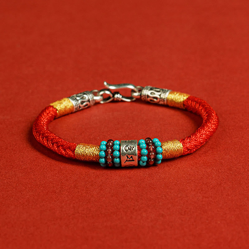 Om Mani Padme Hum Bracelet – Red cord flat lay with beads, woven