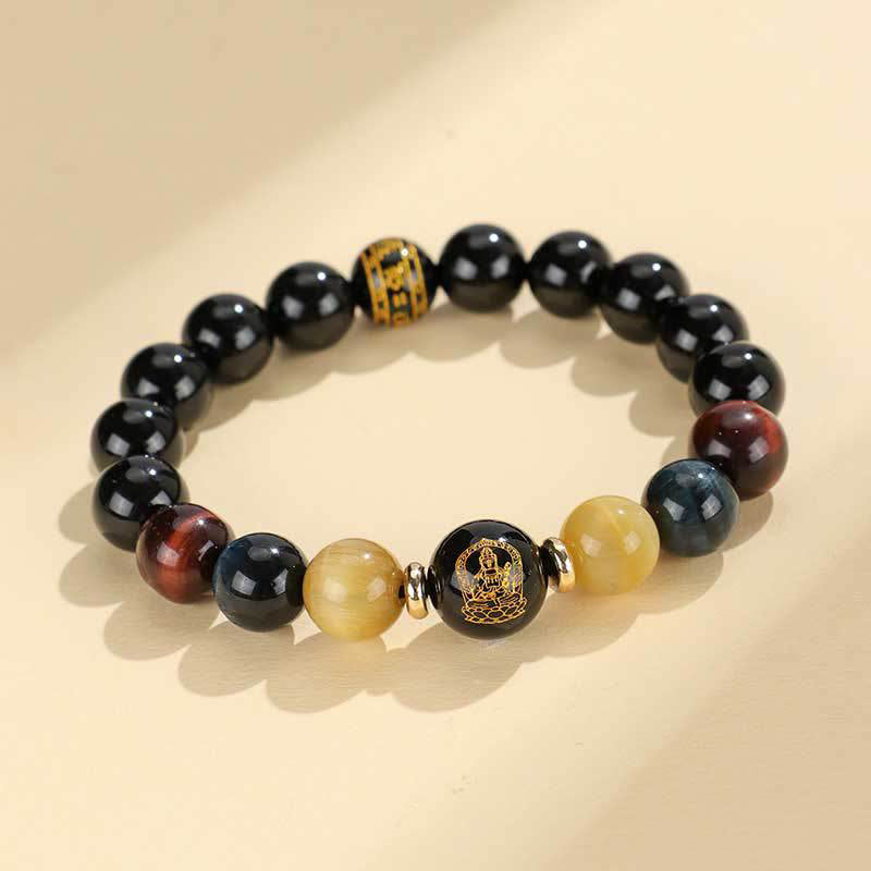 Black Onyx Tiger Eye Natal Buddha Bracelet - multi-color tiger eye with gold charms