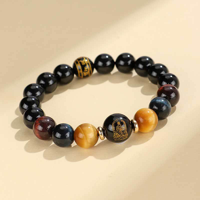 Black Onyx Tiger Eye Natal Buddha Bracelet - gold Buddha charm, blue tiger eye accents