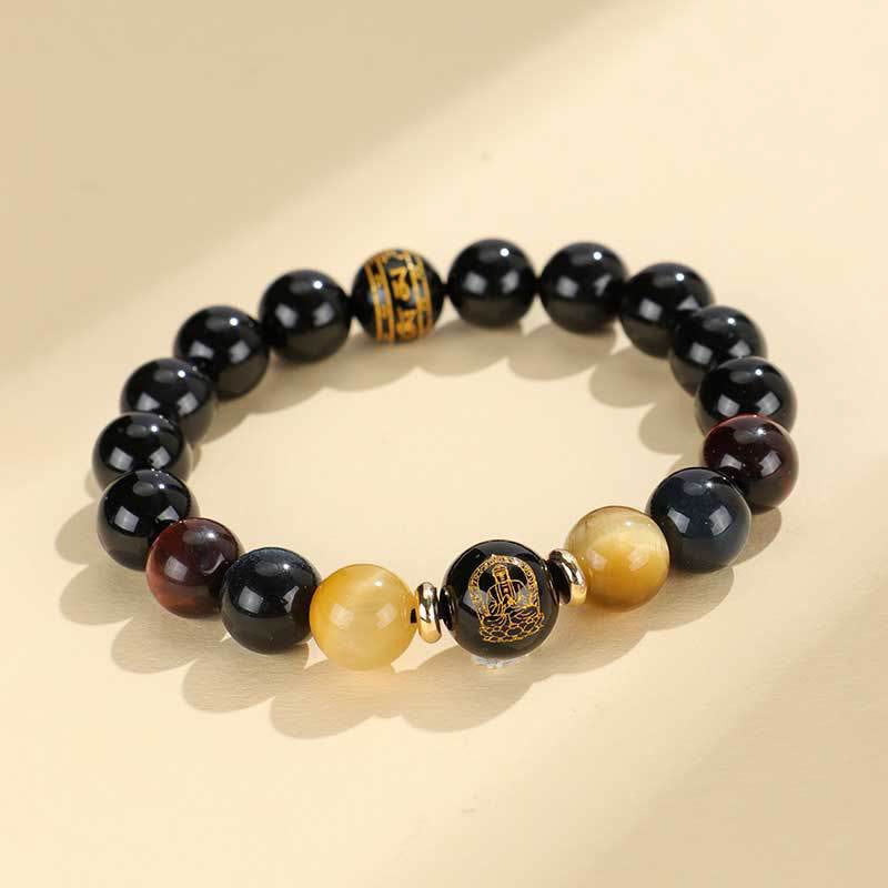 Black Onyx Tiger Eye Natal Buddha Bracelet - warm agate and red tiger eye accents