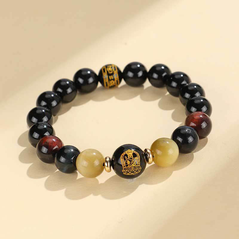 Black Onyx Tiger Eye Natal Buddha Bracelet - red tiger eye, gold Buddha and text beads