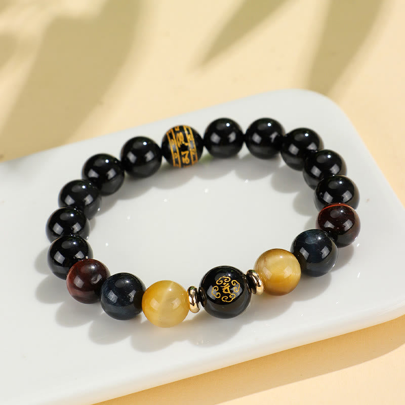 Black Onyx Tiger Eye Natal Buddha Bracelet - gold symbol beads, red tiger eye detail