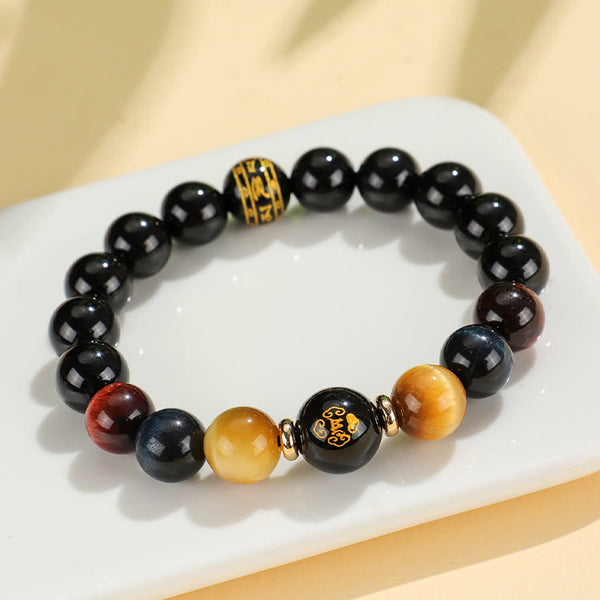 Black Onyx Tiger Eye Natal Buddha Bracelet - gold Chinese character focal beads