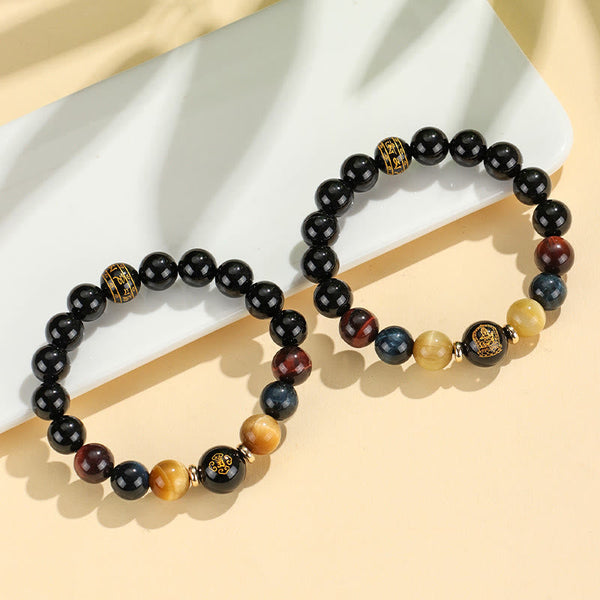 Black Onyx Tiger Eye Natal Buddha Bracelet - gold zodiac pendant, multi-color beads
