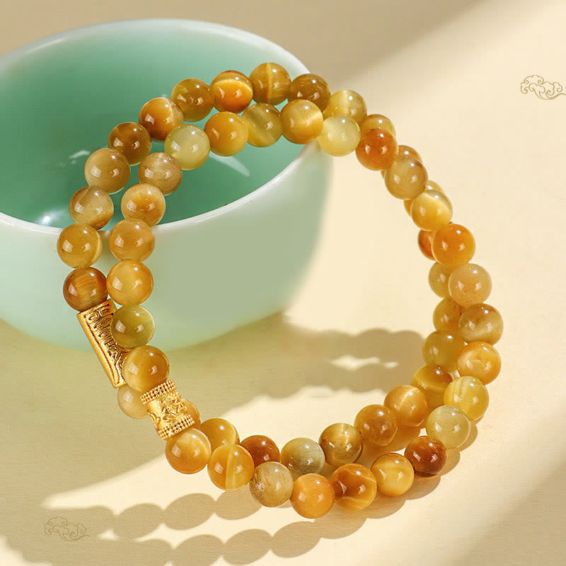 Tiger Eye Fu Bamboo Koi Lotus Bracelet – double-strand tiger eye on celadon cup, gold spacer bars, Asian style