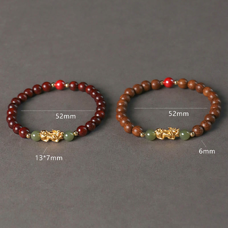 Multi-Wood PiXiu Bracelet – Two bracelets side by side with size chart 52mm diameter and 6mm beads