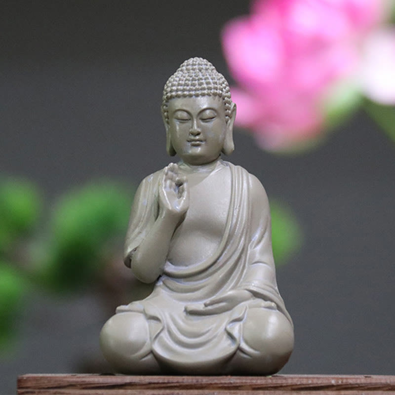 Small Meditation Prayer Resin Buddha Statue – serene sitting Buddha in prayer pose, ivory white resin desk figurine