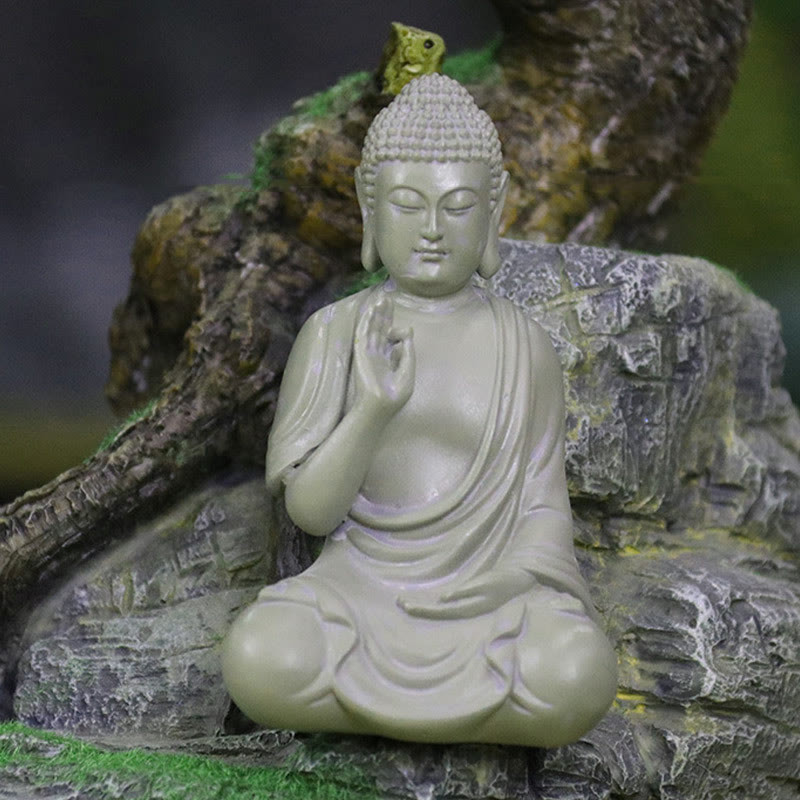Small Meditation Prayer Resin Buddha Statue – size comparison next to coffee cup, compact portable statue dimension
