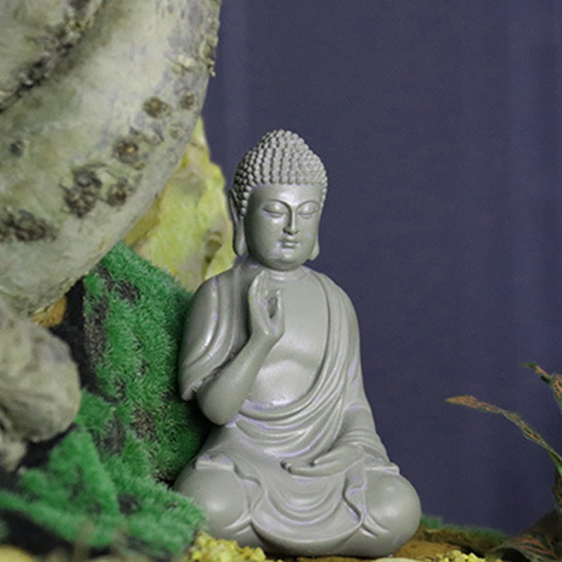 Small Meditation Prayer Resin Buddha Statue – pair of statues in meditation corner with candle, twin altar arrangement