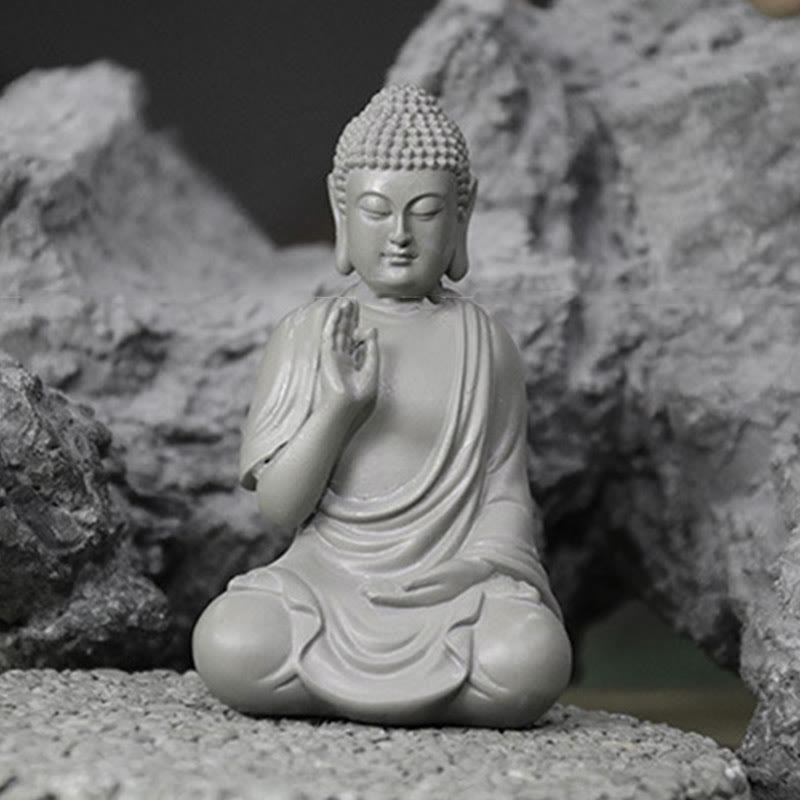 Small Meditation Prayer Resin Buddha Statue – on bookshelf between books, intellectual spiritual home decor blend