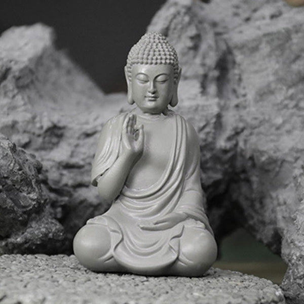 Small Meditation Prayer Resin Buddha Statue – on bookshelf between books, intellectual spiritual home decor blend