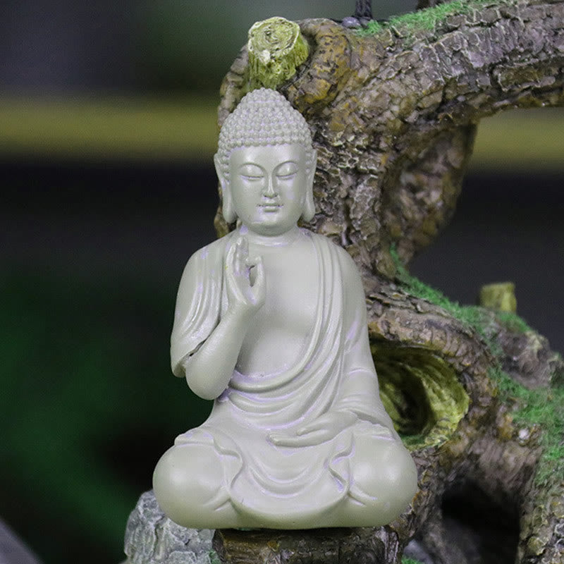 Small Meditation Prayer Resin Buddha Statue – in miniature zen garden with sand and stones, Japanese meditation setup