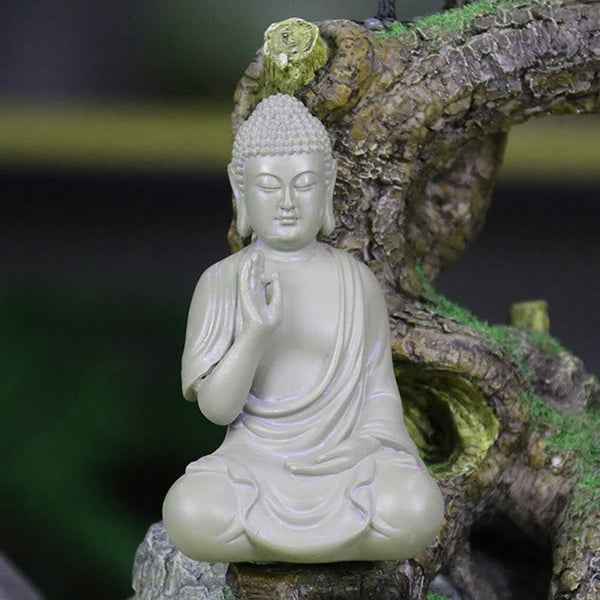 Small Meditation Prayer Resin Buddha Statue – in miniature zen garden with sand and stones, Japanese meditation setup