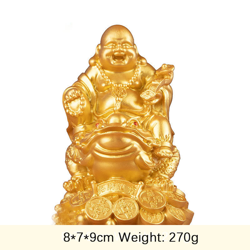 Laughing Buddha Feng Shui Frog Wealth Resin Statue – side angle showing statue depth and coin stack layers