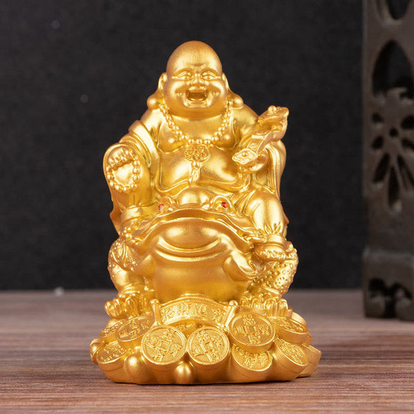 Laughing Buddha Feng Shui Frog Wealth Resin Statue – golden Happy Buddha sitting on money frog with coins, prosperity decor